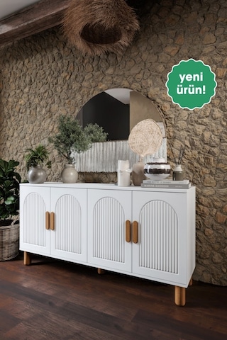 Elysia Bohem Konsol 4 Kapaklı Mdf Mebran Kapak 160 Cm Modern Salon Konsolu Beyaz
