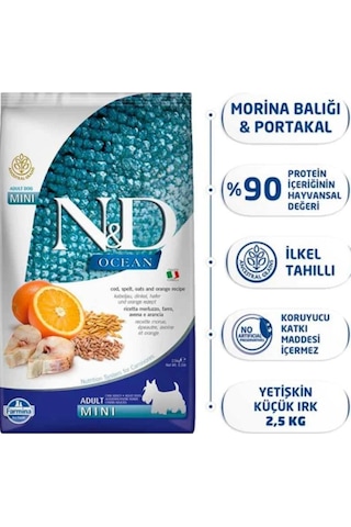 N&D Ocean Düşük Tahıllı Balıklı ve Portakallı Küçük Irk Yetişkin Köpek Maması 2500 G