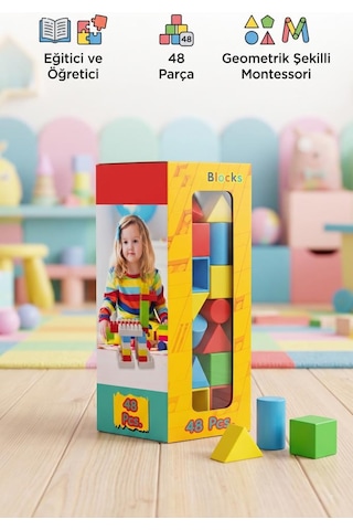 48 Parça Renkli Geometrik Şekilli Tekerlekli Blok Seti Eğitici Ve Geliştirici Geçmeli Yapı Oyun Seti