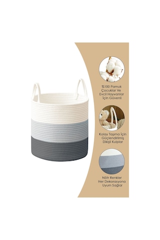 Jüt Kulplu Pamuk Halat Sepet - Çok Amaçlı Düzenleyici Hasır Dokuma Dekoratif Saksı 28 Cm Karışık Renk