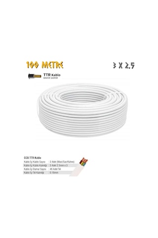 Sgs Elektrik Tesisat Kablosu - 3x2.5 Cca Ttr 48x0.18 - Beyaz - 100 Mt.