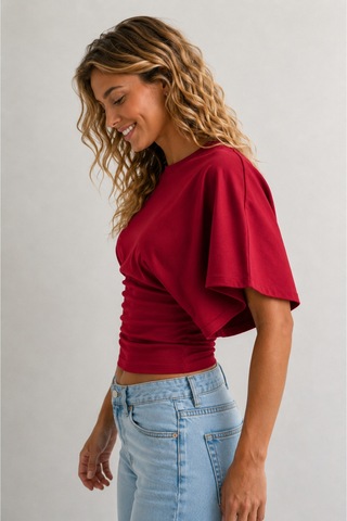 Overmax Bele Oturan Oversize Kollu Premium Crop Bluz Kırmızı - 880759104 Kırmızı