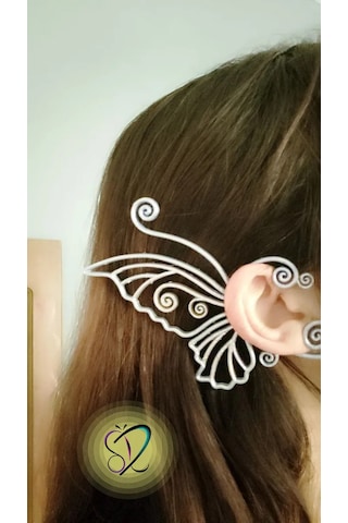 Gümüş/altın Renkli Kelebek Kanadı Tasarım Peri Temalı Hafif Kıkırdak Earcuff Küpe Beyaz