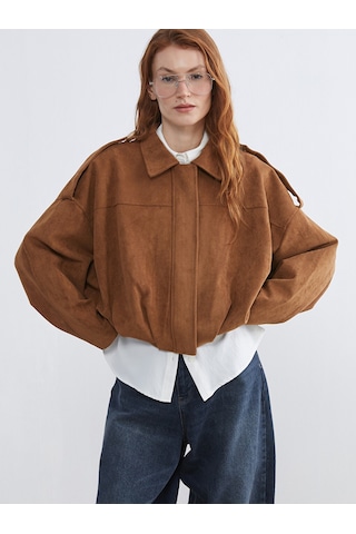 Lcw Vision Kahverengi Gömlek Yaka Oversize Kadın Süet Görünümlü Ceket Xl-2xl