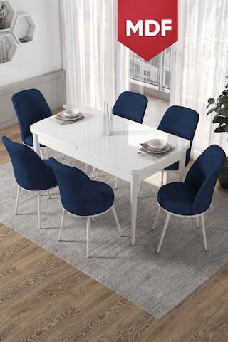 Canisa Concept Kor Serisi 70x114 Açılabilir Mutfak Masası Takımı Beyaz Masa 6 Siyah Sandalye Masa Beyaz 6 Lacivert Sandalye