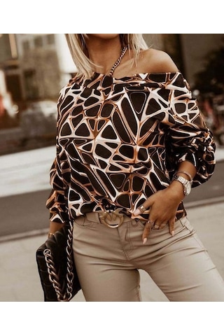 Modasize Kadın Uzun Kollu V Yaka Düşük Omuz Geometrik Desen Şardonlu Dalgıç Bluz Desenli