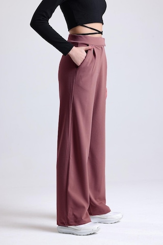 Kadın Wide Leg Likralı Cırt Kapamalı Lastikli Palazzo Pantolon - Vişne Çürüğü Gülkurusu