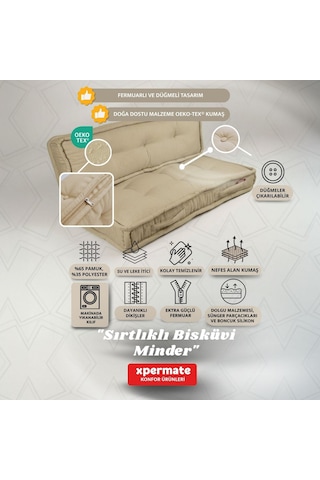Xpermate Bisküvi Yer Minderi 60x120 Kalın Palet Balkon Petek Önü Fermuarlı Minder Bej