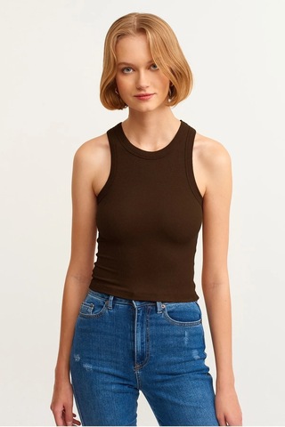 Kadın Yavruağzı Fitilli T-shirt Halter Yaka Örme Atlet Kahve