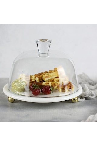 Akayev Mermer 25 CM Altın Boncuk Ayaklı Beyaz Cam Fanus