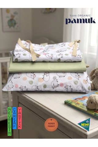 %100 Organik Pamuk Ranforce Bebek Nevresim Takımı - Eko-tex Sertifikalı Antialerjik Set Beyaz - Yeşil