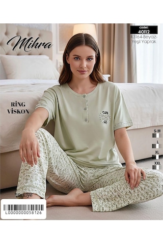 Mihra Kadın Ring Viskon Düğmeli Yaka Kısa Kol Likralı Pijama Takımı 40112y - 1 Adet Yeşil