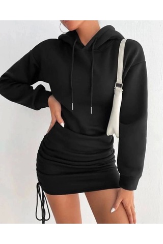 3 İplik Şardonlu Kapşonlu Elbise Siyah Siyah