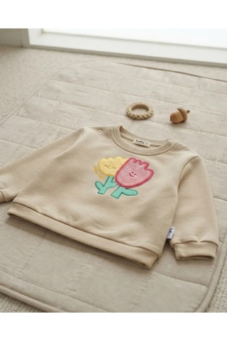 Tuffy Yeşil Tonlu Çiçek Baskılı Kız Bebek Sweatshirt Rahat Kalıp Ekru