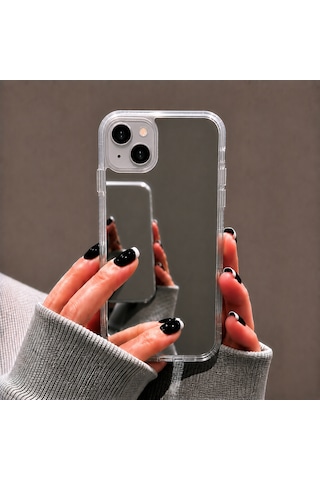 Ennar İphone 13 Uyumlu Aynalı Kılıf Mirror Glass Kamera Korumalı Gün Boyu Makyaj Kontrolü Şeffaf