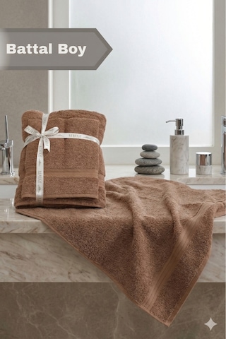 2 Li Battal Boy Banyo Havlu Seti - 100% Pamuk 90x170 Cm + 50x90 Cm Ekstra Yumuşak Emici Havlu Kahve