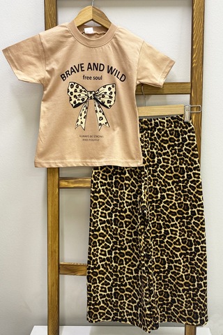 Kız Çocuk Yazlık İkili Takım Leopar Baskılı B46 Kahverengi