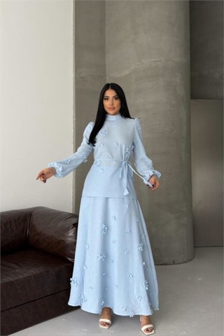 Neşeli Butik Kadın Bebe Mavi Keten Kumaş Çiçek Aplikeli Hakim Yaka Etekli Takım Nbms2629 Bebe Mavisi