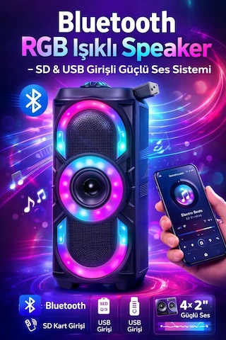 Pl-4525 Bluetooth Rgb Işıklı Speaker 4x2 Sd & Usb Girişli Güçlü Ses Sistemi