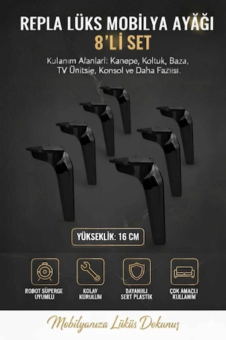 Repla Mobilya Kanepe Tv Ünitesi Koltuk Ve Konsol Dolap Ayağı 16 Cm Siyah Siyah