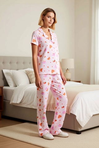 Benerly Kadın Gömlek Yaka Kısa Kol Eğlence Desenli Pijama Takımı Regular Pembe