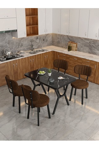 Azra 70x110cm Bendir Mutfak Masası, Mutfak Masası Takımı, Yemek Masası, 4 Kahverengi Sandalye Kahverengi