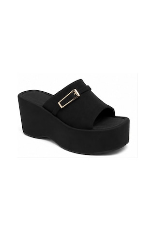 N Napa Shoe Np.9555.siyah Saten Napa Shoe Kadın Dolgu Topuk Platform Terlik Siyah Günlük Şıklık Ve Konfor