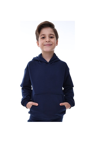 Zuzunga Basic Kapüşonlu Şardonlu Kanguru Cep Detaylı Çocuk Sweatshirt 3-10 Yaş Lacivert