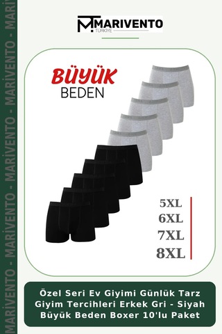 Marivento Özel Seri Ev Giyimi Günlük Tarz Giyim Tercihleri Erkek Gri - Siyah Büyük Beden Boxer 10'lu Paket Çok Renkli