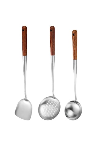 Homyl Paslanmaz Çelik Wok Spatula Kepçe Skimmer Alet Seti Gümüş GÜmüş