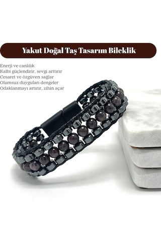 Sertifikalı Yakut Taşı Erkek Bileklik Çelik Kilitli, Doğal Taş Tasarım, Şık Ve Özgün Aksesuar Bordo