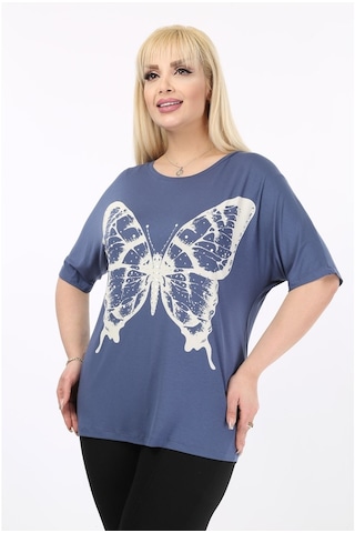 Kelebek Baskılı Taşlı Büyük Beden Kadın Tshirt 37B-2096 Çok Renkli