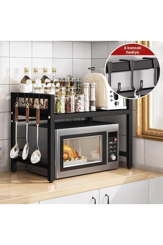 Honeybeeshop Beyaz 38 66cm 2 Katmanlı Genişletilebilir Mikrodalga Rafı Metal Mutfak Tezgahı Depolama Rafı 6 Saç Tokası İle Pratik Ev Mutfak Çözümü
