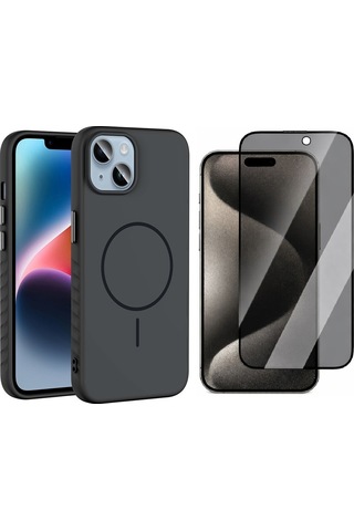 Vendas Apple Uyumlu iPhone 15 Kılıf M-safe Şarj Özellikli Zore Tea Kapak + Hayalet Ekran Koruyucu Siyah