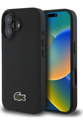 Apple Uyumlu iPhone 16 Kılıf Lacoste Lisanslı Pu Pike Desen Arka İkonik Timsah Dokuma Logolu Siyah