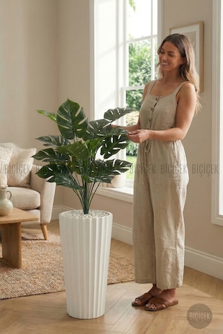Biçiçek Yapay Monstera Deve Tabani Bi̇tki̇si 130 Cm Beyaz Li̇lyum Saksıda