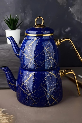 Elite Class Kırık Mermer Desenli Çaydanlık Lacivert Premium Set Çok Renkli