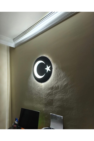 Motto Dekor Lazer Kesim Metal Türk Bayrağı Görselli Beyaz Led Işıklı Duvar Dekoru Duvar Aydınlatması Siyah