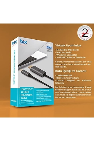 Bix Bx02hb Usb-c To 4k 30hz Hdmı Kablo 1.8 Metre Windows Mac Uyumlu Hdcp Destekli Gri 0