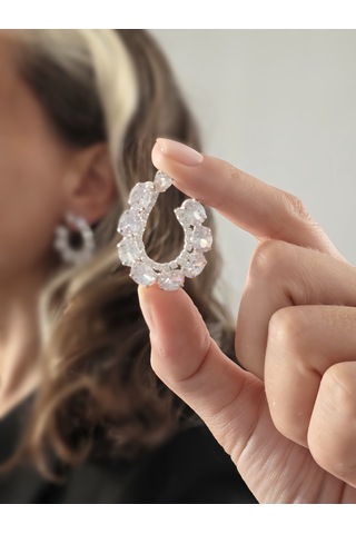 Çiçek Model Zirkon Taşlı Abiye Gümüş Renk Küpe Gümüş