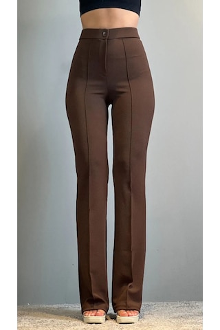 Krep Kumaş Likralı Önü Çimalı Kahverengi Kadın Palazzo Pantolon Kahverengi