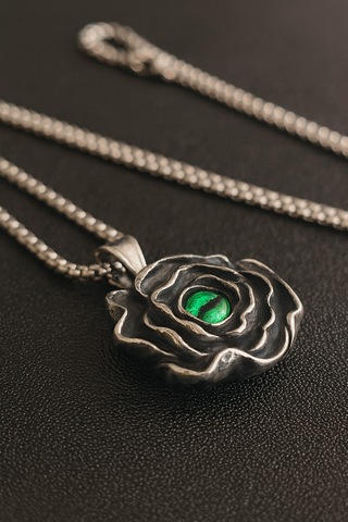 Yeşil Taşlı Paslanmaz Çelik Unisex Takı Antik Gümüş Gotik Gül Kolye Yeşil