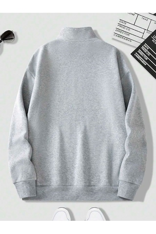 Harmandar Gri Erkek Uçan Astronot Baskılı Dik Yaka Yarım Fermuarlı Kazak Sweatshirt Ucanastrogridikyaka