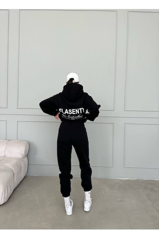 Harmandar Flasenty Kışlık Alt Üst Takımı Sweatshirt Eşofman Altı - Siyah Baskılı Oversize Kapüşonlu Siyah