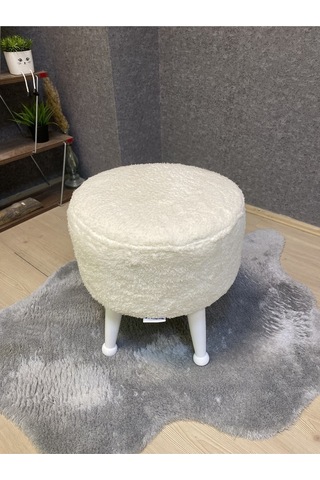 Asedia Miskin Lake Teddy Krem Ahşap Ayaklı Peluş Puf Makyaj Koltuğu Yuvarlak Tabure