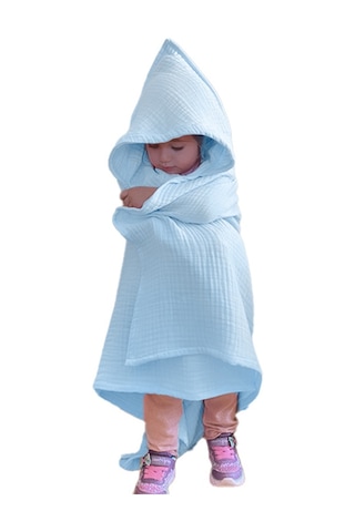 4 Katlı Müslin Kapşonlu Bebek Çocuk Banyo Havlusu Kundak Mavi