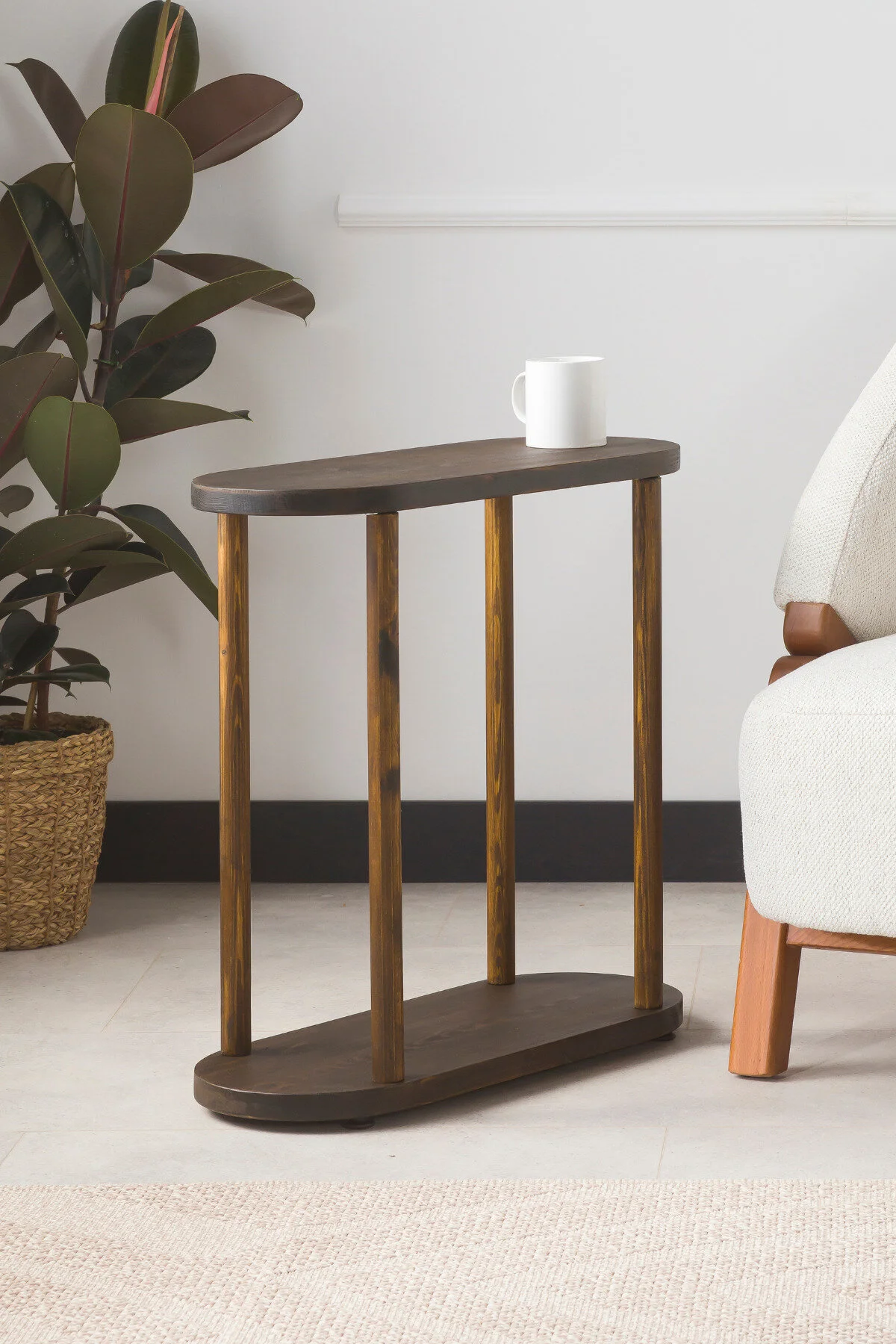 Furnirem Masif Ahşap Oval Yan Sehpa 55x20 Cm Koyu Ceviz