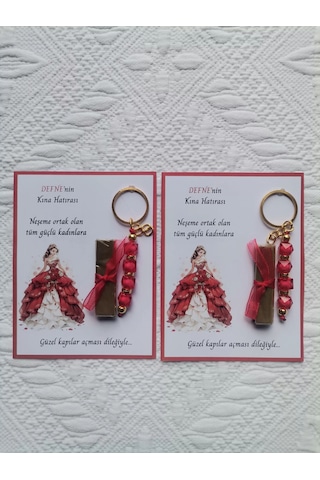 100 Adet Kişiye Özel Kına Hatırası Dağıtmalık Hediyelik Kırmızı Anahtarlık Ve Paketlenmiş Kına