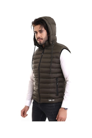 Erkek Iç Cepli Çıkartılabilir Fermuarlı Kapüşon Şişme Yelek Haki