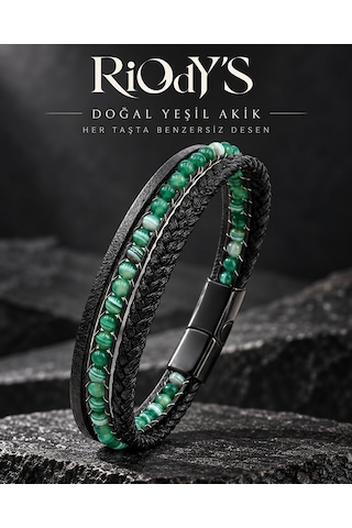 Riody's Agata Verde Erkek Bileklik Doğal Yeşil Akik Taşlı Siyah Deri Çelik Kilit Siyah - Yeşil
